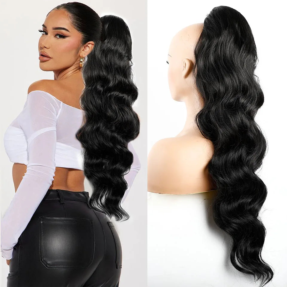 Ponytail Extension Body Wave Drawstring Ponytail Extension 28'' Long Wavy Synthetic Ponytail Hair Extension Clip in Hairpieces