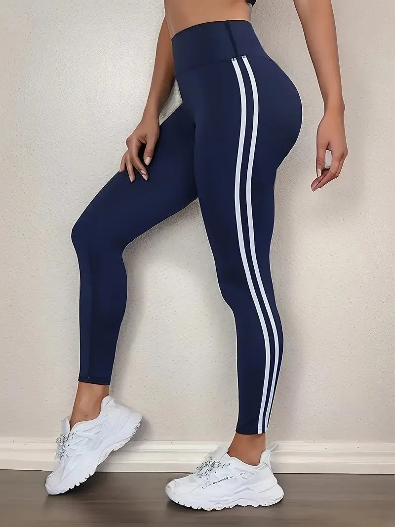 High Waisted Athletic Leggings Sports Yoga Pants With White Stripe Stretchable Workout Tights Comfort Fit For Running And Casual