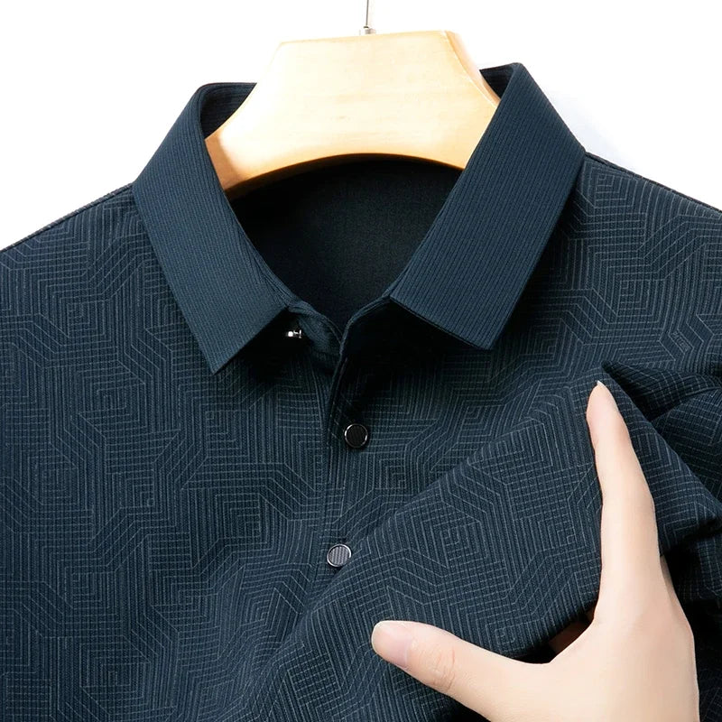 New Men's Business Casual Long Sleeved Shirt with Badge Solid Color Polo Shirt Fashionable Breathable Comfortable Versatile Top