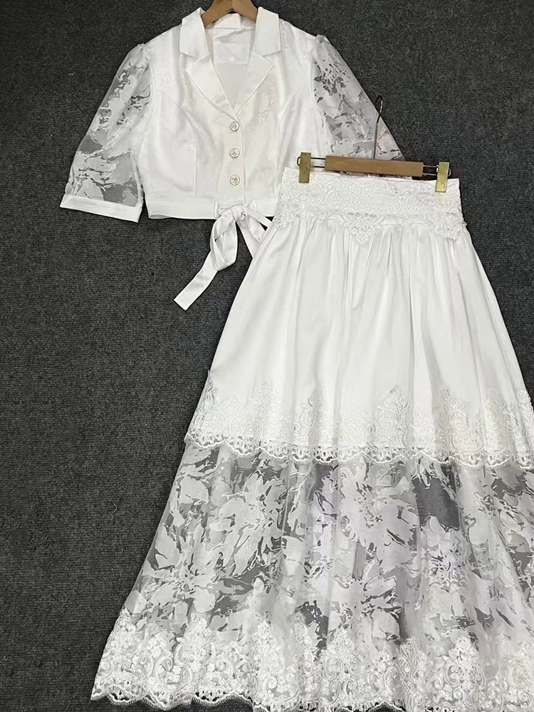 Retro embroidered lace lapel short shirt two-piece set for 2025 summer women's wear + applioned high-waisted loose skirt set