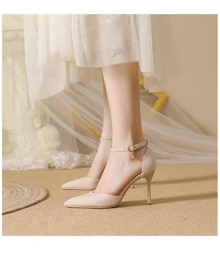 Small Size 30-44 Women High Heel Shoes Suede Thin Heels Ankle Strap Solid Color Point Toe Black Shoes