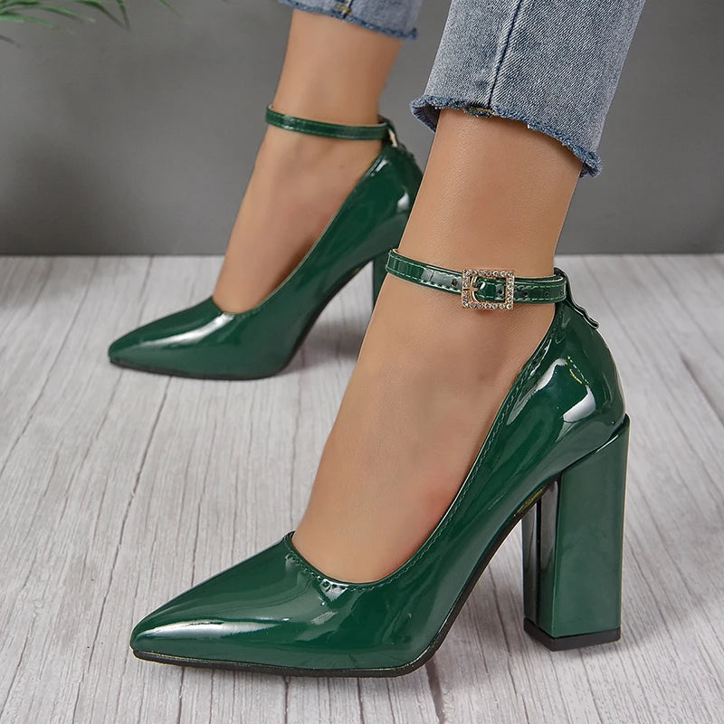 Black 10cm Super High Heel Pumps Women Shoes Pointed Toe Fashion Crystals Pearl Pendant Pimp Buckle Patent Leather Big Size 50