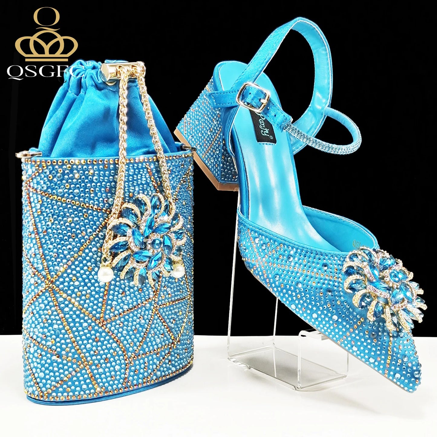 QSGFC Fashion Design High-end Women's Shoes with Diamond Oval Stand Bag Women's High Heels for Special Day or Work