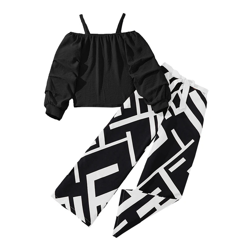 Kids Clothing Sets For Girls Khaki Off-shoulder Long sleeve Top & Stripe Printing Pants Summer Resort Style Children Suits OOTD