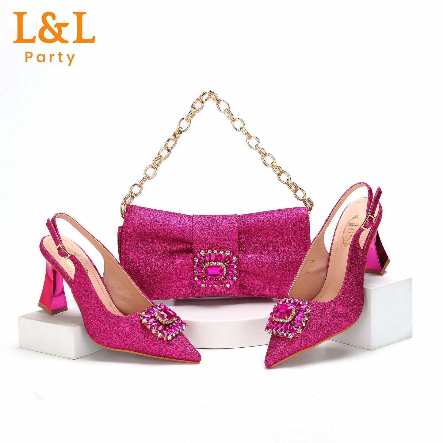 2024 Latest Italian Design African Women's High Heels Pointed Toe Sandals Party Wedding Party Gold Color Shoes and Bags Set