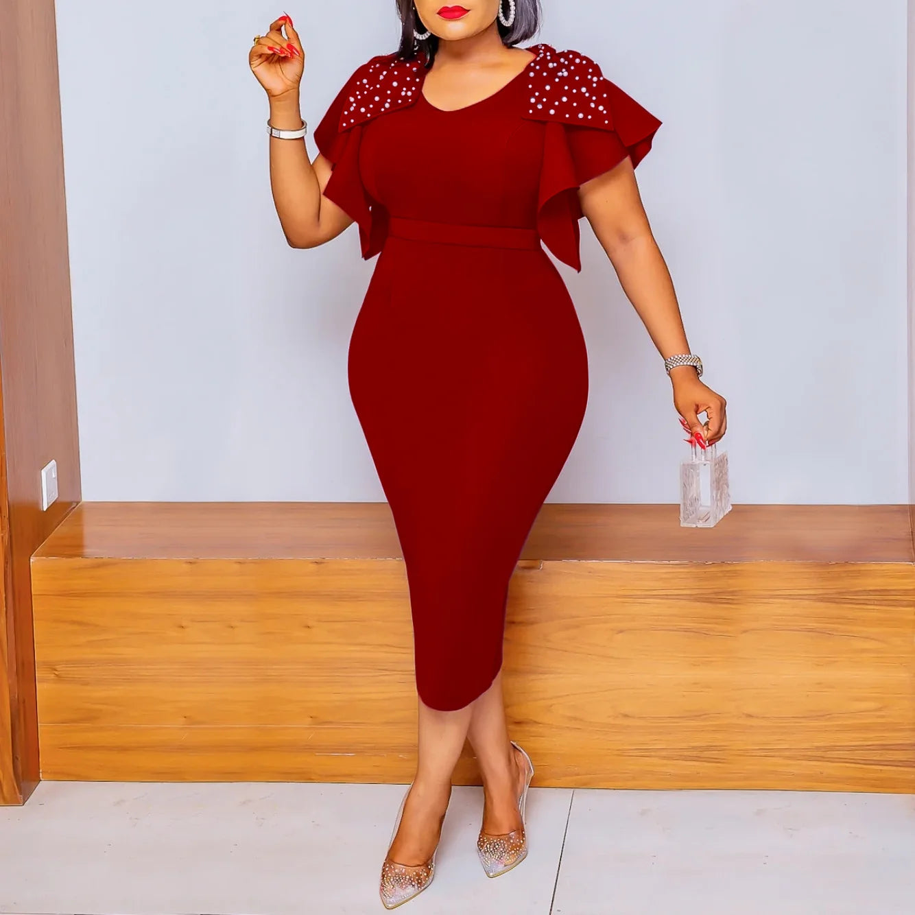 2023 Summer Fashionable Women Leaf Edge Dress High Waist Pure Color Trendy Zipper Closure Short Sleeve Dress