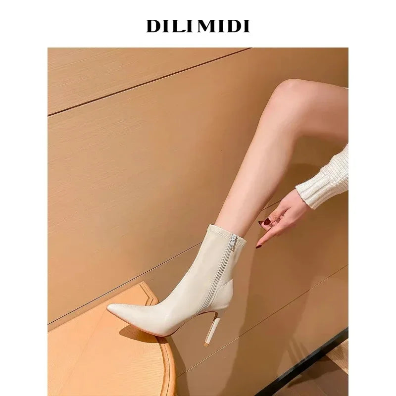 Women's Spring Ankle Boots White High Heels Pointed Toe Stiletto Heel Side Zipper Short Boots Leisure Fashion Sexy Botas Mujer
