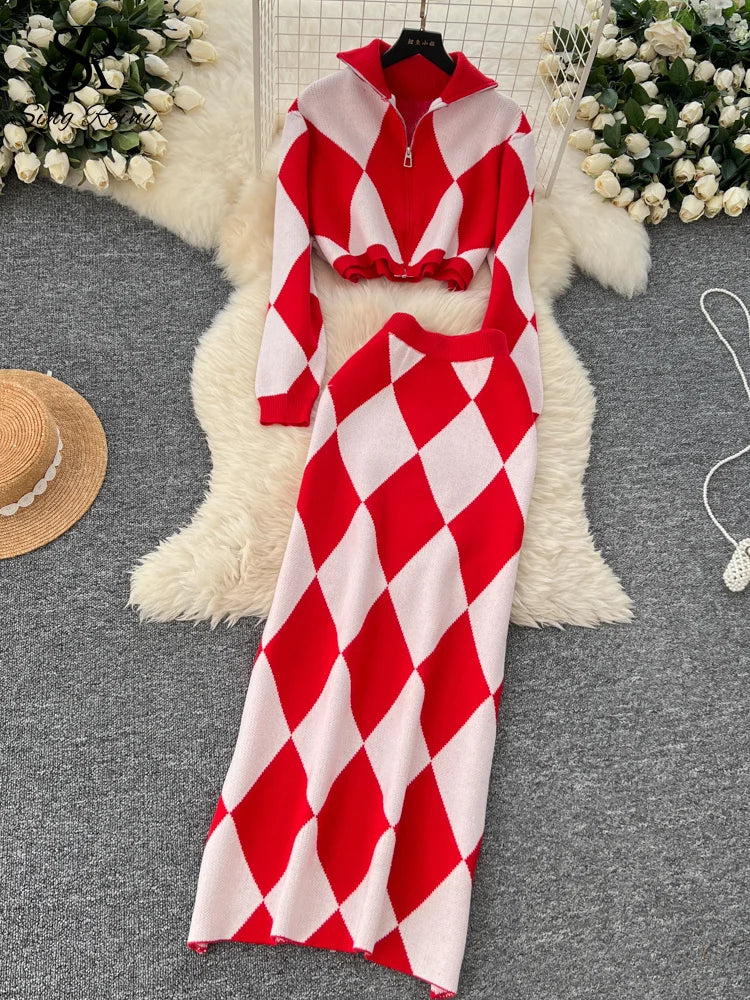 SINGREINY American Fashion Warm Suits Women Lapel Neck Zipper Tops+High Elastic Skinny Skirt Plaid Streetwear Two Pieces Sets