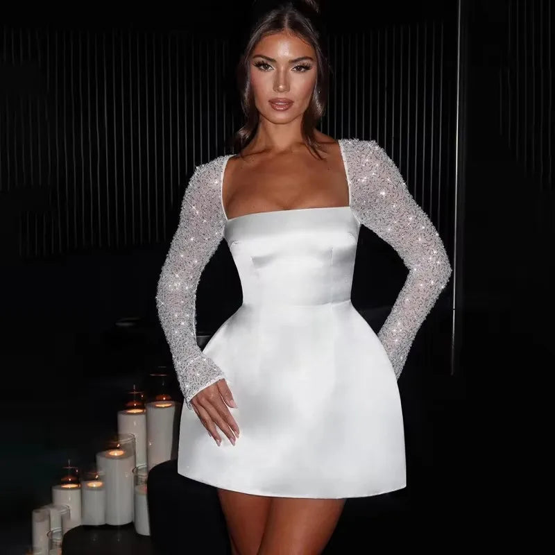 NIDANSSI Mesh Sequined Glitter Evening Party Dress Women Backless Robes Elegant Sexy Dress Bodycon Mini Spring Dress Vestidos