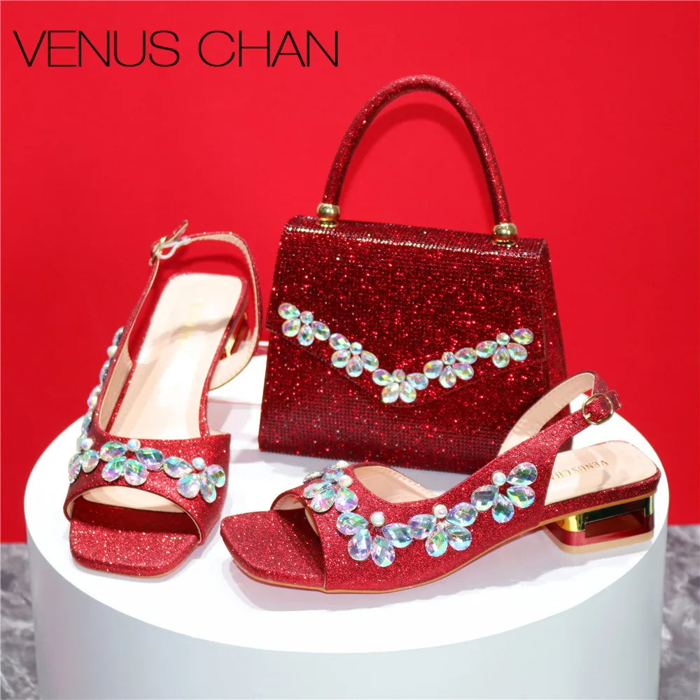 New INS High-Heeled Fish Beaked Toe Cap Wedding Shoes Colorful Full Diamond Design Shoe and Bag Set for Nigeria Party