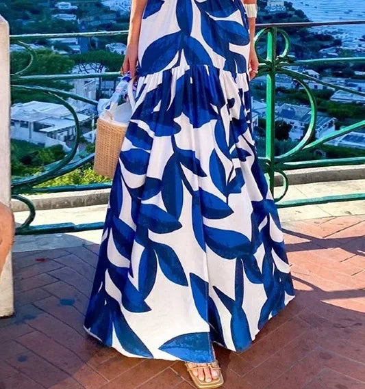 Women's V-Neck Printed Dress Flower Print New Casual Ruffled Short Sleeves Long Dress Swing Bohemian Retro Dress Women Clothing