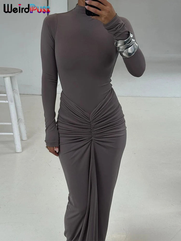 Weird Puss Hipster Ruched Dress Women o-NeckFull Sleeve Skinny Stretch Robe Autumn Trend Simple Classic Pleats Long Bodycon