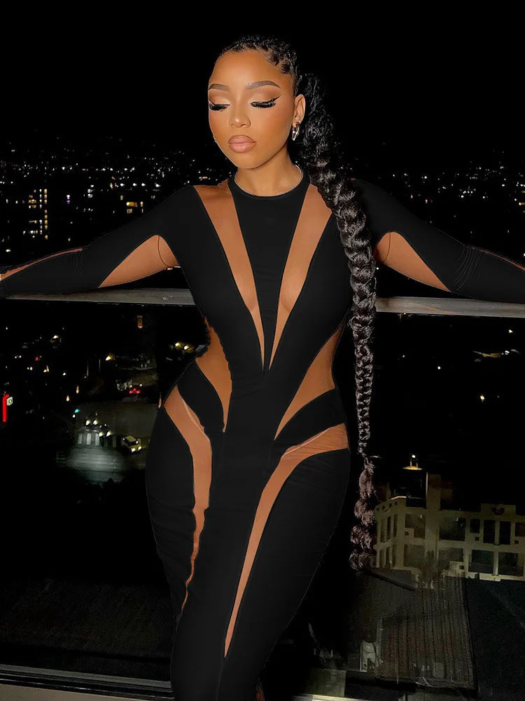 kliou Autumn Women Milk Silk Patchwork Maxi Dress Long Sleeve Round-Neck Skinny Robe Female Elegant New Classic Evening Vestido