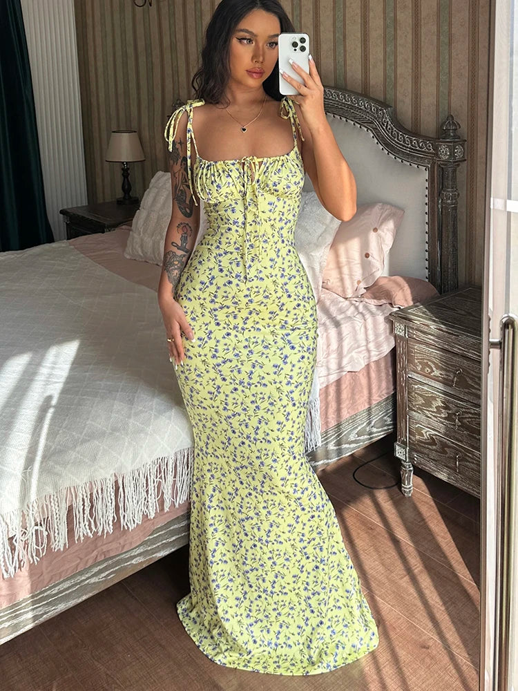 Hugcitar Floral Print Sleeveless Backless Slips Lace Up Maxi Dress Sexy Bodycon Summer Elegant Outfits Holiday Party Wholesale
