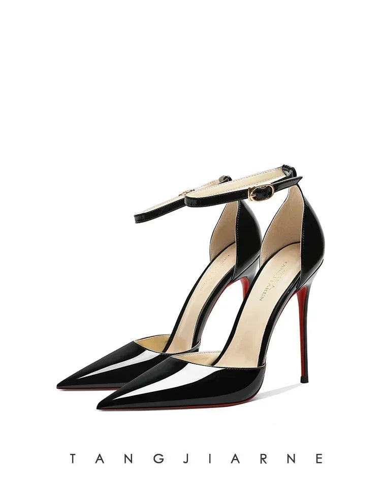 Nude colored professional high heels, women's slim heels, pointed toe, sexy new one line buckle, wrapped sandals