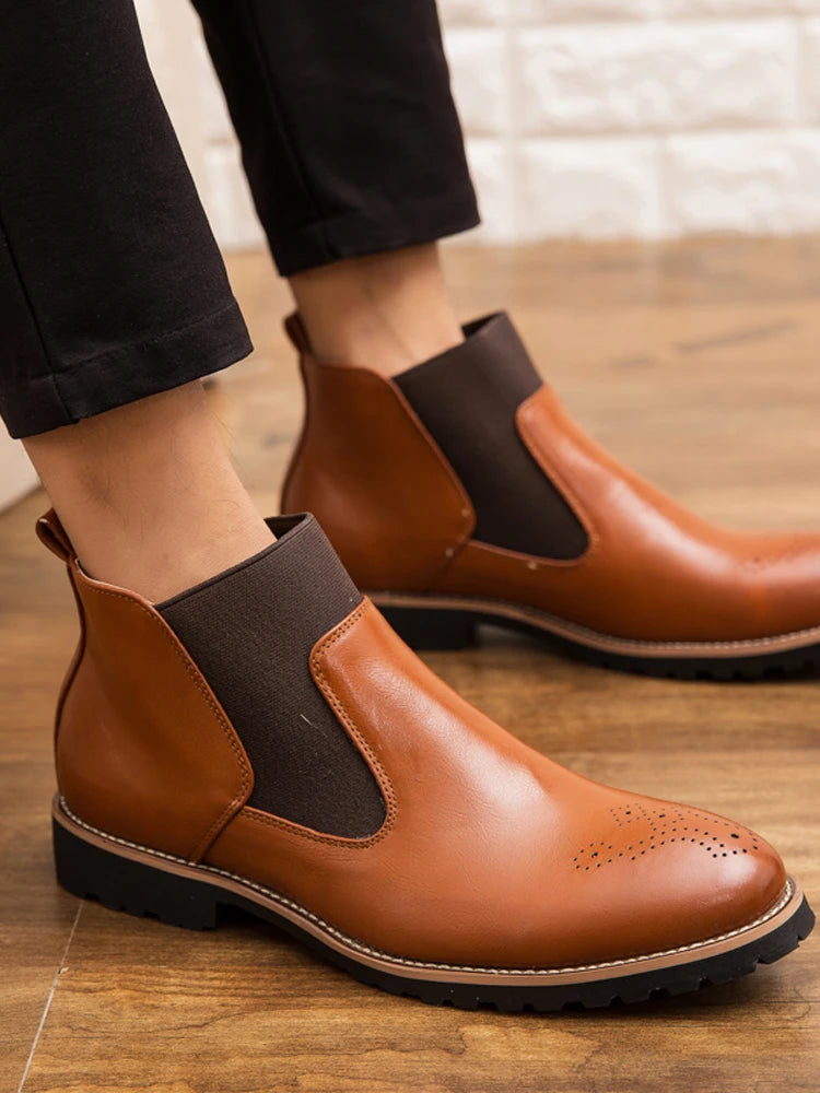 Men's Chelsea Boots Anti Slip Waterproof Ankle Spring and Autumn Brocue Fashion Microfiber Leather Shoes Large 46 Zapatos Hombre