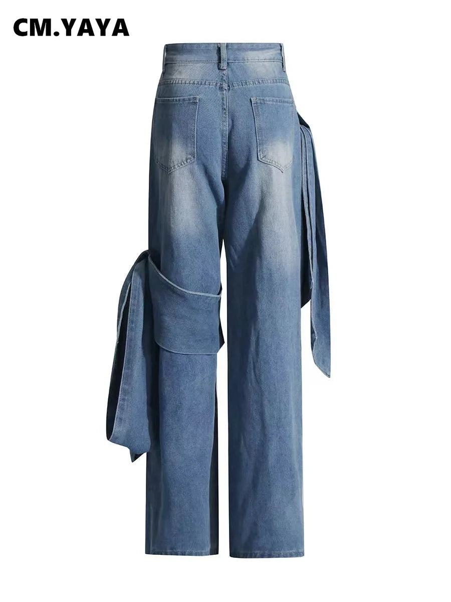 CM.YAYA Women Street Fashion High Waist Zipper Fly Wide Leg Straight String Jeans Trousers 2024 Summer Chic Denim Pants