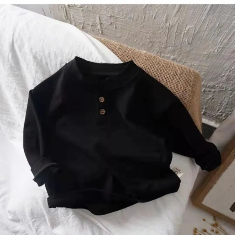 Spring Autumn New Style Childrens Boys Tops Retro Soft Cotton Solid Color Tops Boys T-shirt Girls T-shirts Kids Clothing