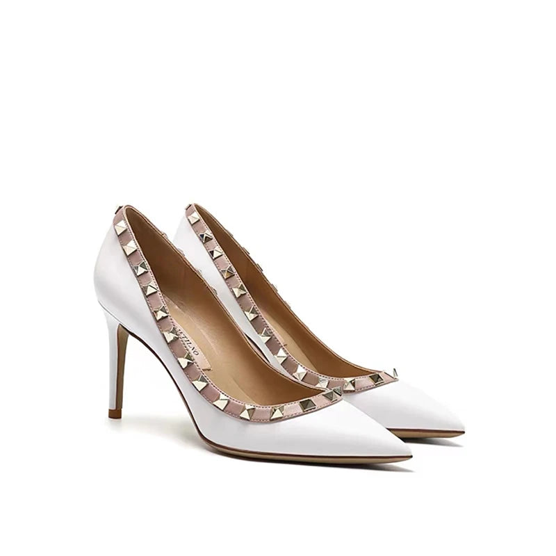 2025 New Luxury Brand High Heels Women's Shoes Metal Rivet Pointed Black Pumps Fashion Sexy Genuine Leather Women's Single Shoes