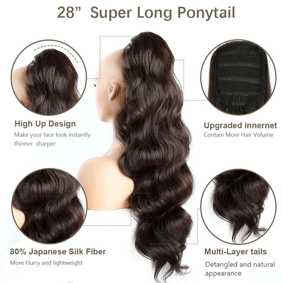 Ponytail Extension Body Wave Drawstring Ponytail Extension 28'' Long Wavy Synthetic Ponytail Hair Extension Clip in Hairpieces