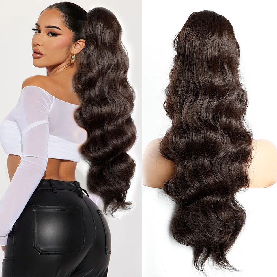 Ponytail Extension Body Wave Drawstring Ponytail Extension 28'' Long Wavy Synthetic Ponytail Hair Extension Clip in Hairpieces