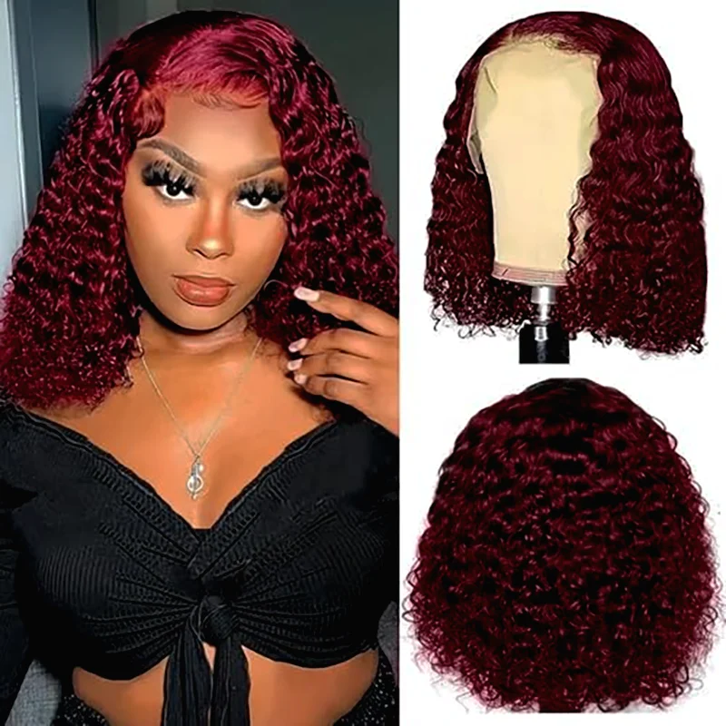 Burgundy 99J Deep Wave Short Bob Wigs 100% Human Hair Wig Water Curly Wig Baby Hair 3x4 Lace Front Human Hair Wig For Women