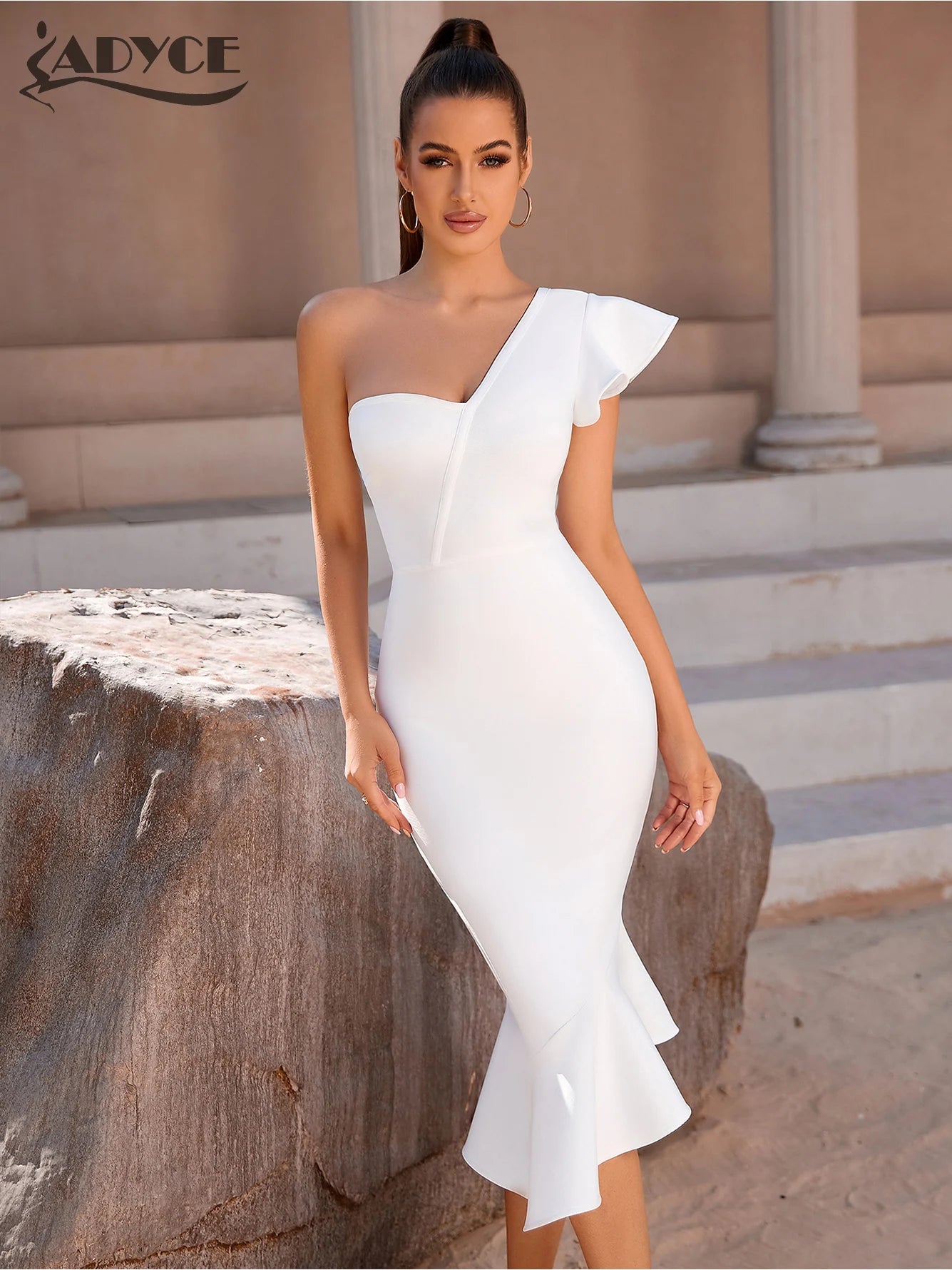 Adyce New Summer One Shoulder Trumpet Bandage Dress For Women Sexy Ruffles Celebrity Club Evening Runway Party Dresses Vestidos