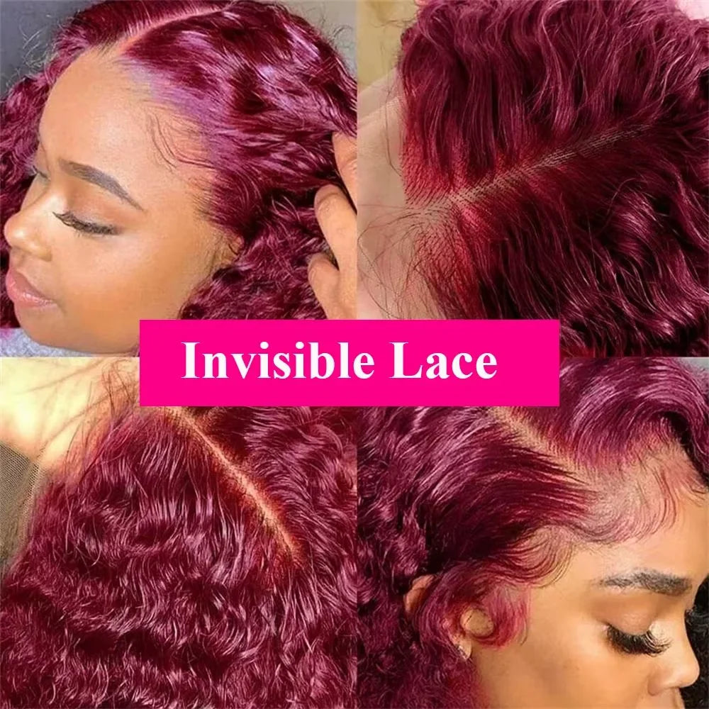 Burgundy 99J Deep Wave Short Bob Wigs 100% Human Hair Wig Water Curly Wig Baby Hair 3x4 Lace Front Human Hair Wig For Women