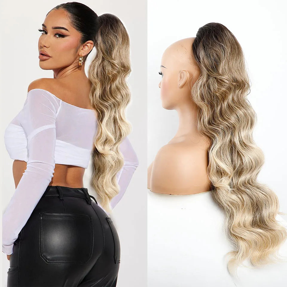 Ponytail Extension Body Wave Drawstring Ponytail Extension 28'' Long Wavy Synthetic Ponytail Hair Extension Clip in Hairpieces