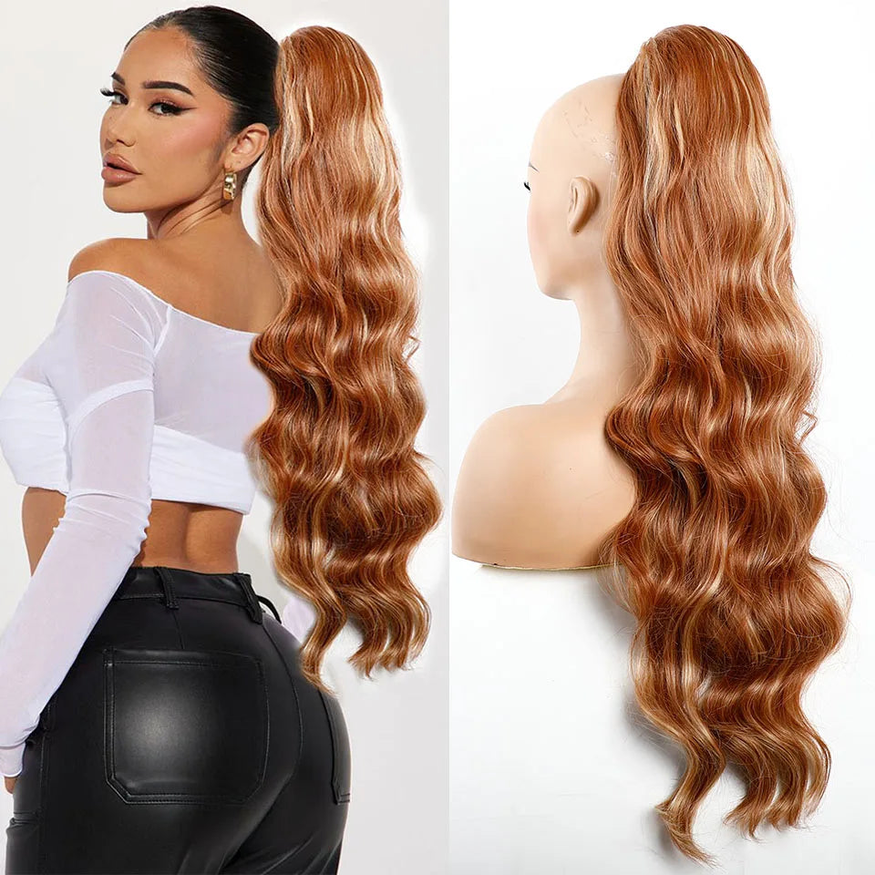 Ponytail Extension Body Wave Drawstring Ponytail Extension 28'' Long Wavy Synthetic Ponytail Hair Extension Clip in Hairpieces