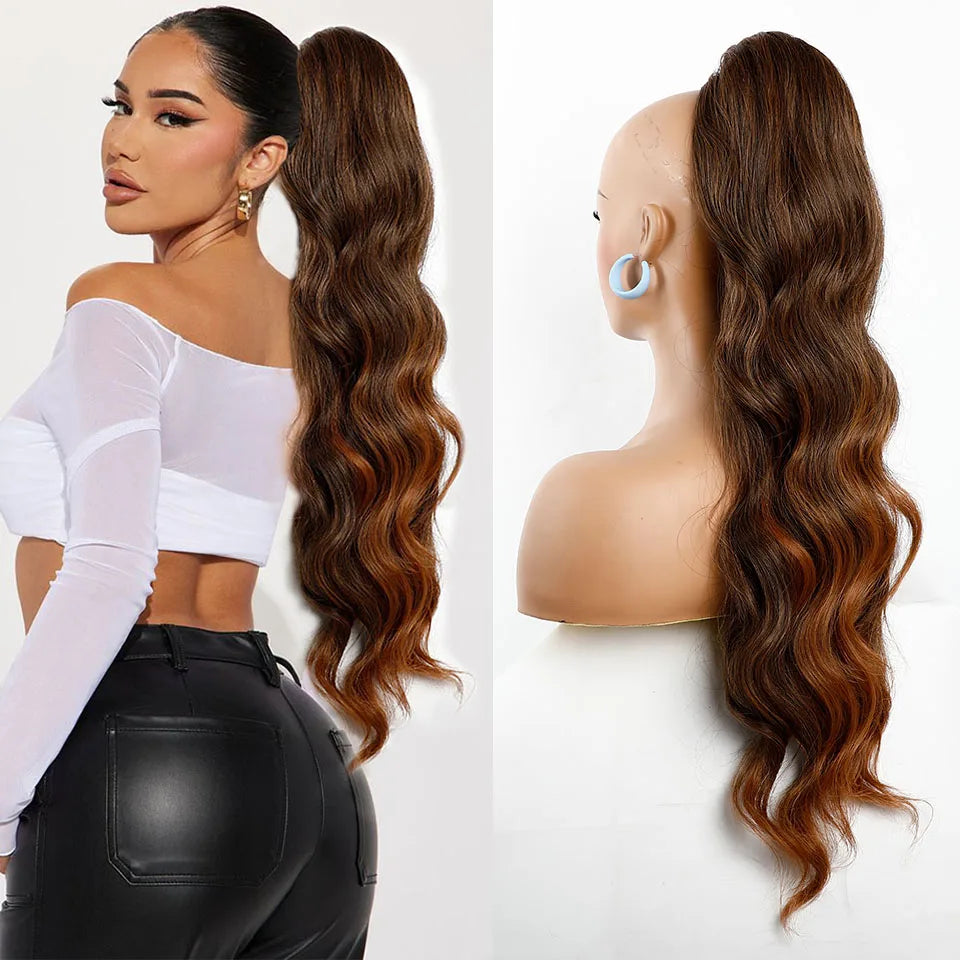 Ponytail Extension Body Wave Drawstring Ponytail Extension 28'' Long Wavy Synthetic Ponytail Hair Extension Clip in Hairpieces