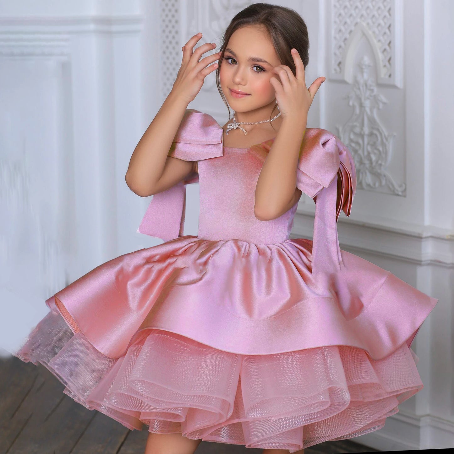 Luxury Bow Bridesmaid Girls Dress for Party and Wedding Gown Formal Satin Birthday Prom Princess Dresses Girl Gala Kids Clothing