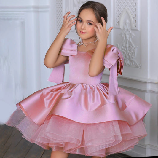 Luxury Bow Bridesmaid Girls Dress for Party and Wedding Gown Formal Satin Birthday Prom Princess Dresses Girl Gala Kids Clothing
