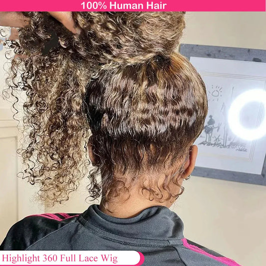 Highlight 360 Lace Front Wig Human Hair 250 Density Lace Wigs 30Inches Colored Deep Curly HD 360 Lace Front Wig Preplucked