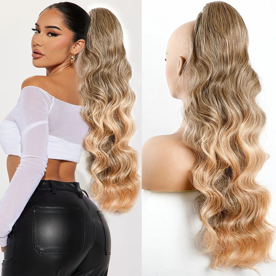 Ponytail Extension Body Wave Drawstring Ponytail Extension 28'' Long Wavy Synthetic Ponytail Hair Extension Clip in Hairpieces