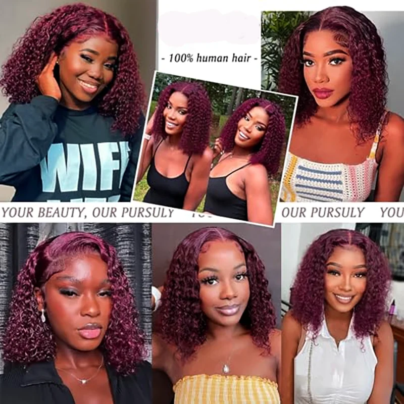 Burgundy 99J Deep Wave Short Bob Wigs 100% Human Hair Wig Water Curly Wig Baby Hair 3x4 Lace Front Human Hair Wig For Women
