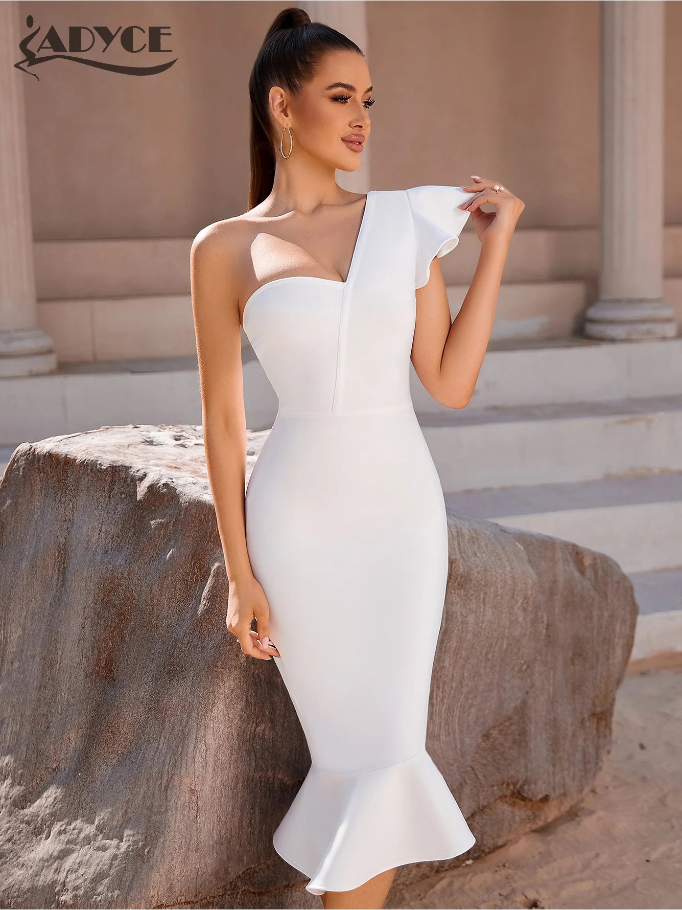 Adyce New Summer One Shoulder Trumpet Bandage Dress For Women Sexy Ruffles Celebrity Club Evening Runway Party Dresses Vestidos