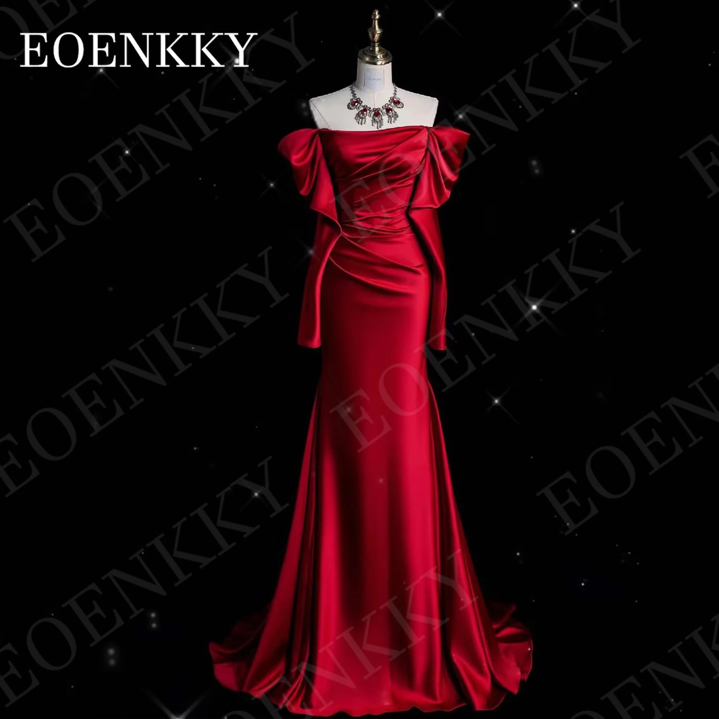 Long Sleeve Evening Dress Romantic Off Shoulder Satin Mermaid Celebrity Dress Party Sweep Train Burgundy Woman vestidos de noche