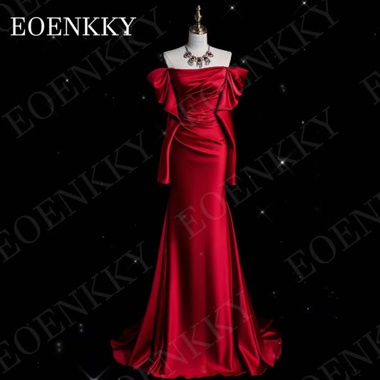 Long Sleeve Evening Dress Romantic Off Shoulder Satin Mermaid Celebrity Dress Party Sweep Train Burgundy Woman vestidos de noche