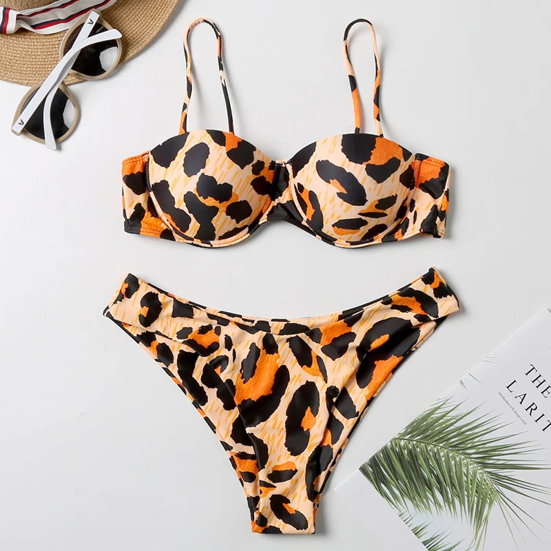 5 Colors New Sexy Strapless Swimsuit Women Push-up Padded Bathing Suit Fashion Leopard Print Bikini Set Beach Two Piece Swimwear