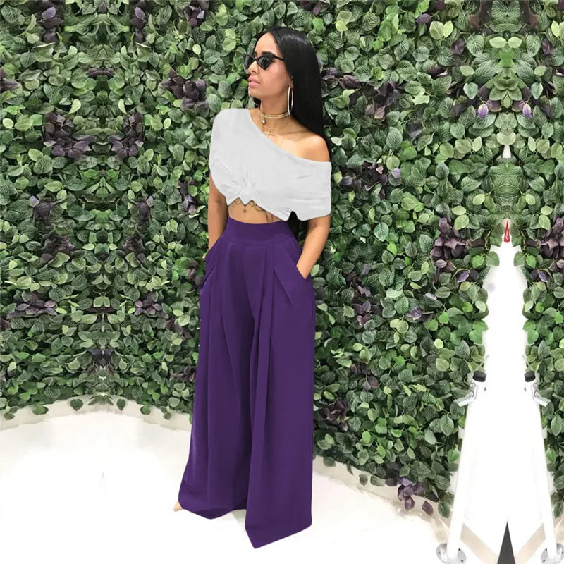 Women Casual Loose Palazzo Pants Autumn High Waisted Wide Leg Trousers Pleated Long Culottes Pants Elastic Waist Trouser Pockets