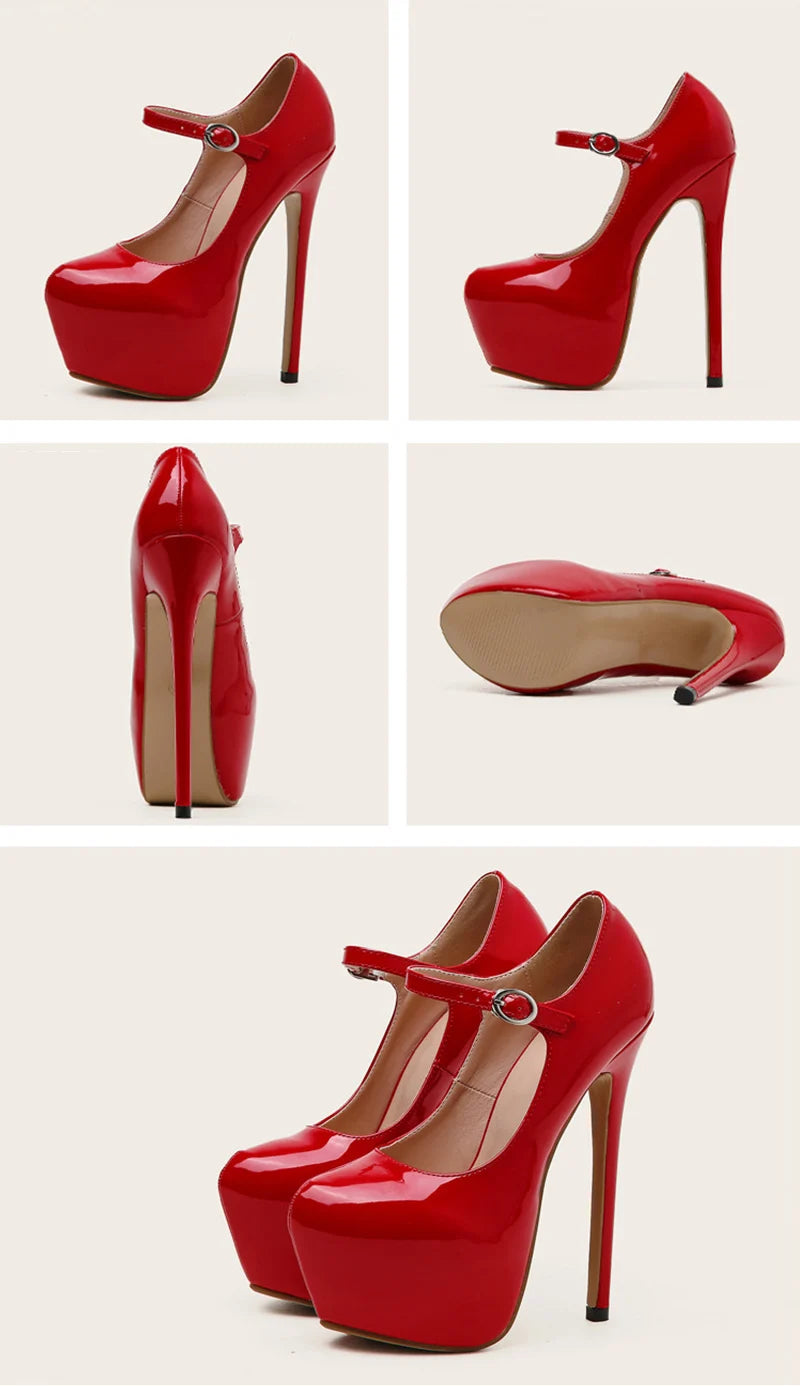 Sexy Red High Heels Platform Pumps 17cm Women Fashion Runway Patent Leather Round Toe Buckle Strap Party Wedding Stripper Shoes
