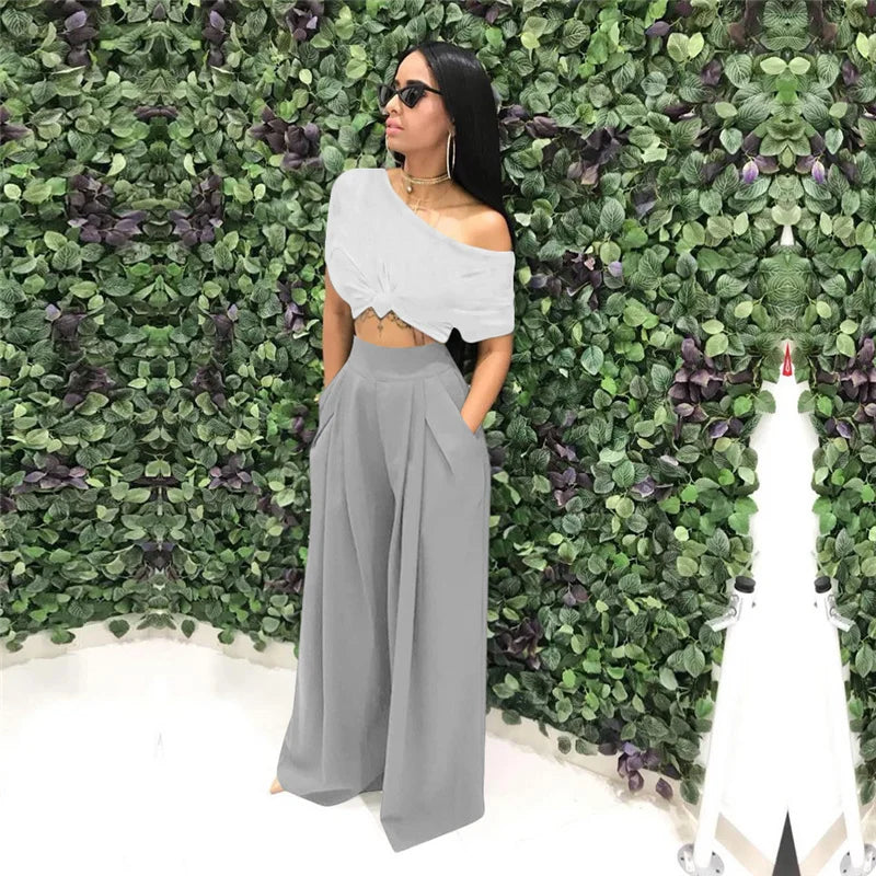 Women Casual Loose Palazzo Pants Autumn High Waisted Wide Leg Trousers Pleated Long Culottes Pants Elastic Waist Trouser Pockets