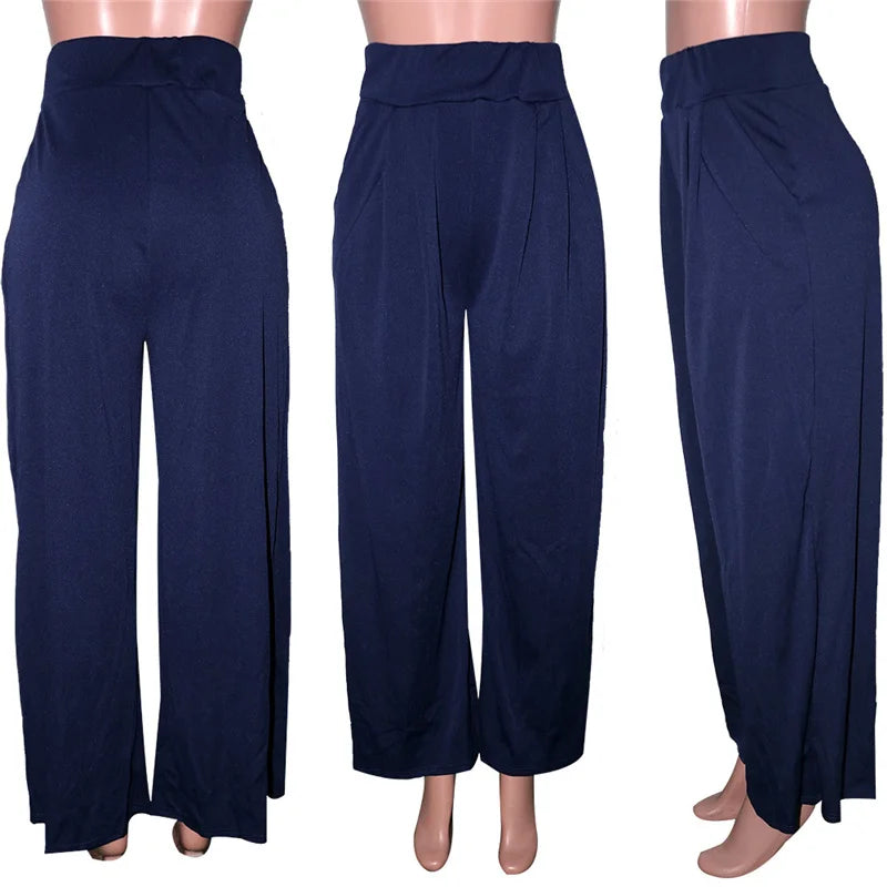 Women Casual Loose Palazzo Pants Autumn High Waisted Wide Leg Trousers Pleated Long Culottes Pants Elastic Waist Trouser Pockets