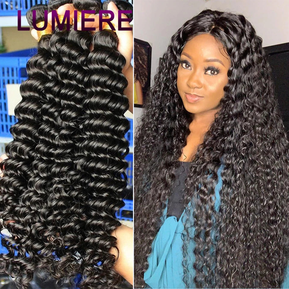 Deep Curly Wave Human Hair Bundles Brazilian Virgin Human Hair Weave  Hair Bundles 3/4 Bundles for Black Women 30 40Inch Natural