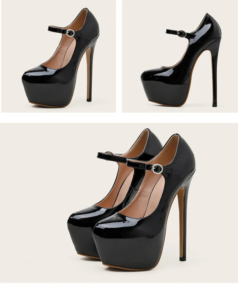Sexy Red High Heels Platform Pumps 17cm Women Fashion Runway Patent Leather Round Toe Buckle Strap Party Wedding Stripper Shoes