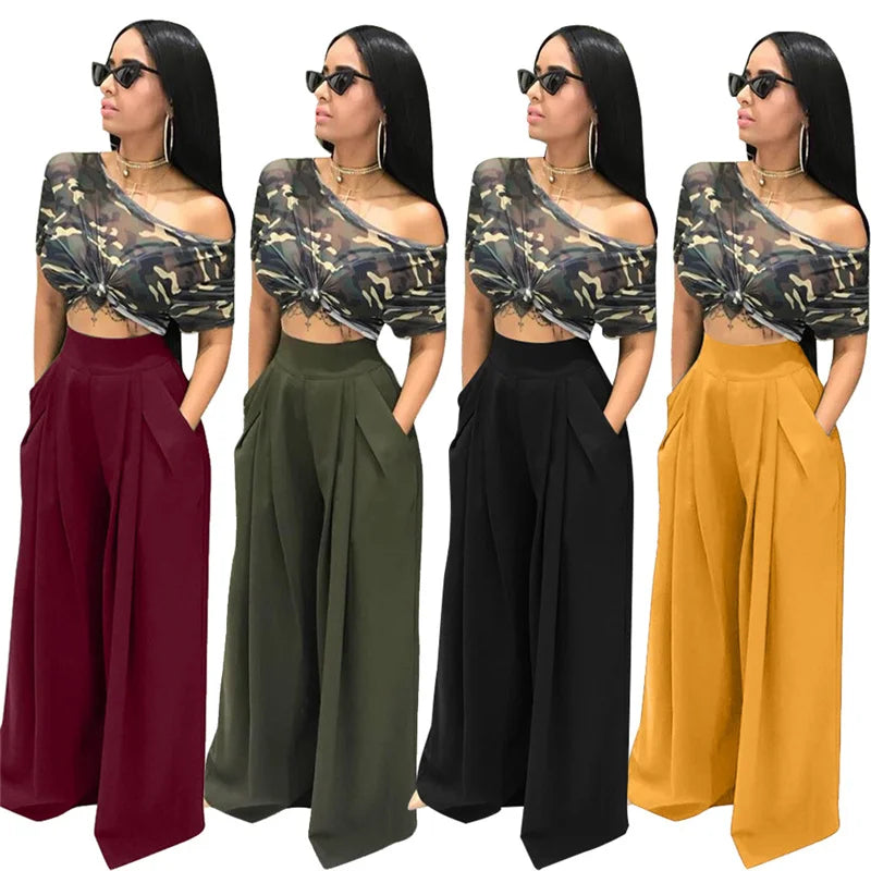 Women Casual Loose Palazzo Pants Autumn High Waisted Wide Leg Trousers Pleated Long Culottes Pants Elastic Waist Trouser Pockets