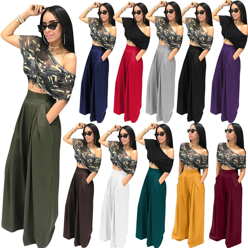 Women Casual Loose Palazzo Pants Autumn High Waisted Wide Leg Trousers Pleated Long Culottes Pants Elastic Waist Trouser Pockets
