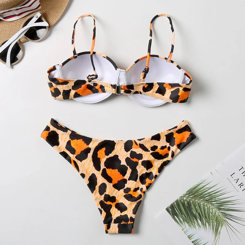 5 Colors New Sexy Strapless Swimsuit Women Push-up Padded Bathing Suit Fashion Leopard Print Bikini Set Beach Two Piece Swimwear