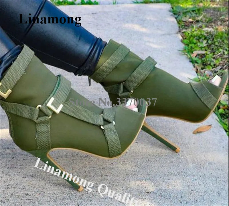 New Design Women Fashion Peep Toe Suede Leather Stiletto Heel Short Boots Buckles Strap Black Army Green High Heel Ankle Booties